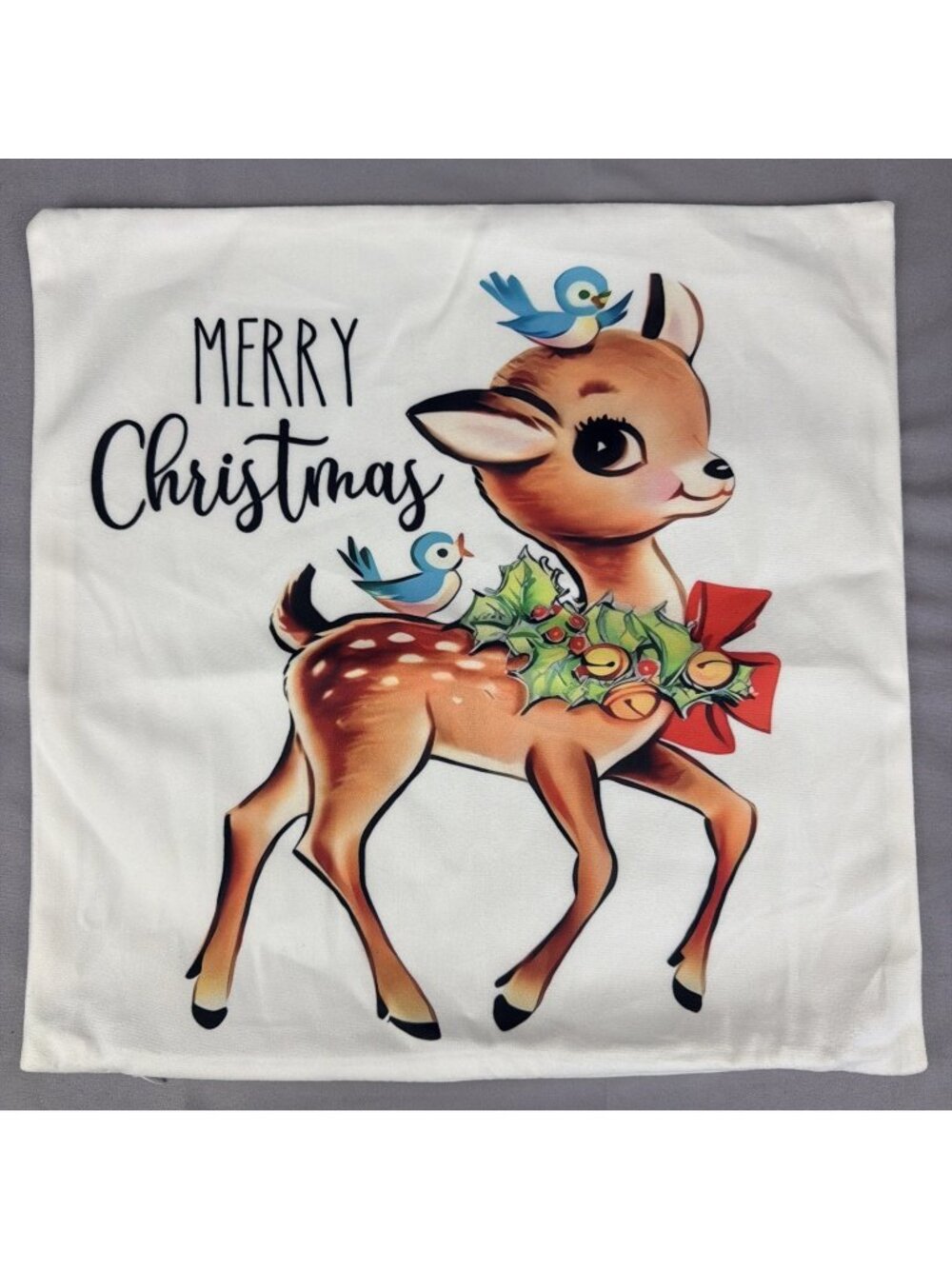 Christmas Pillow COVER 15.5" Retro Kitchy Retro Bluebird Reindeer VTG Repro Sham
